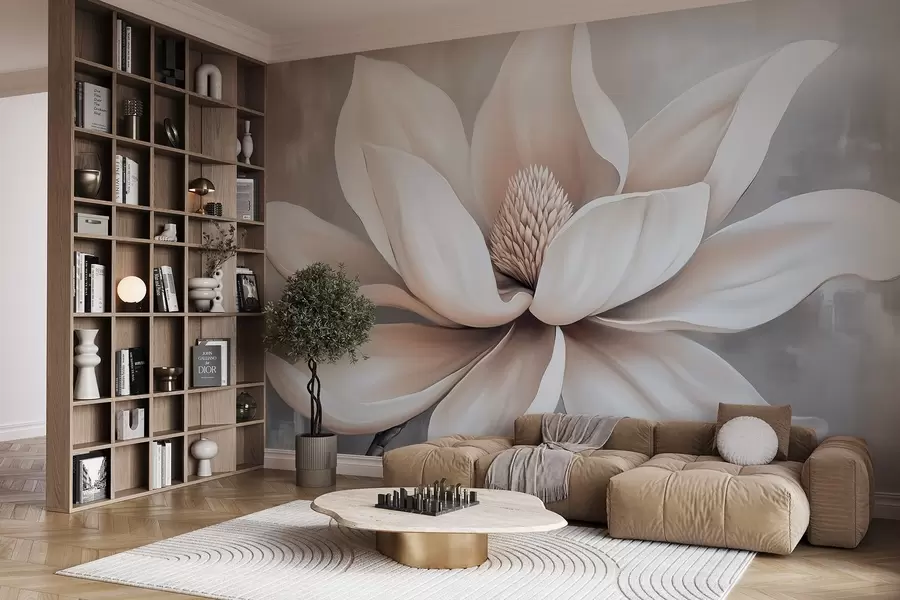 murales de pared Elegante flor de magnolia con pétalos largos y suaves sobre un fondo gris suave w08705