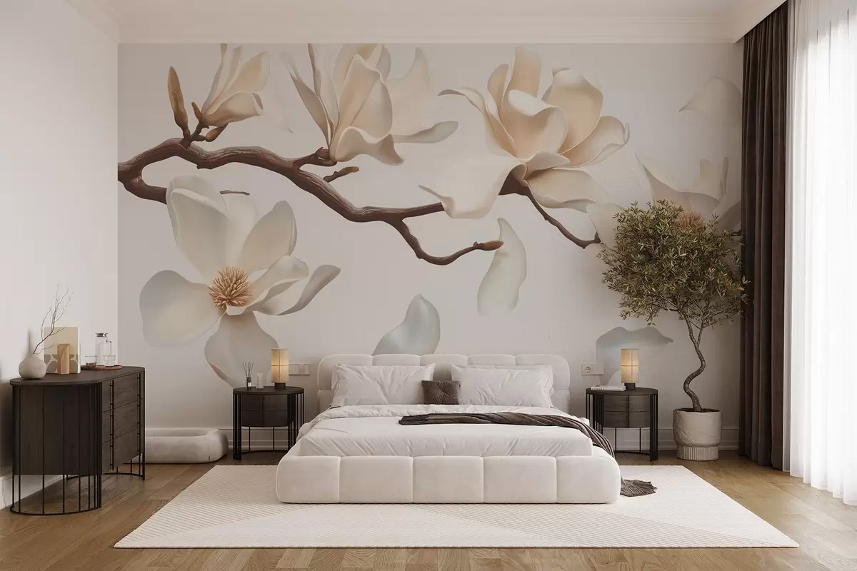 murales de pared Una rama de árbol con delicadas flores de magnolia y pétalos que caen w08706