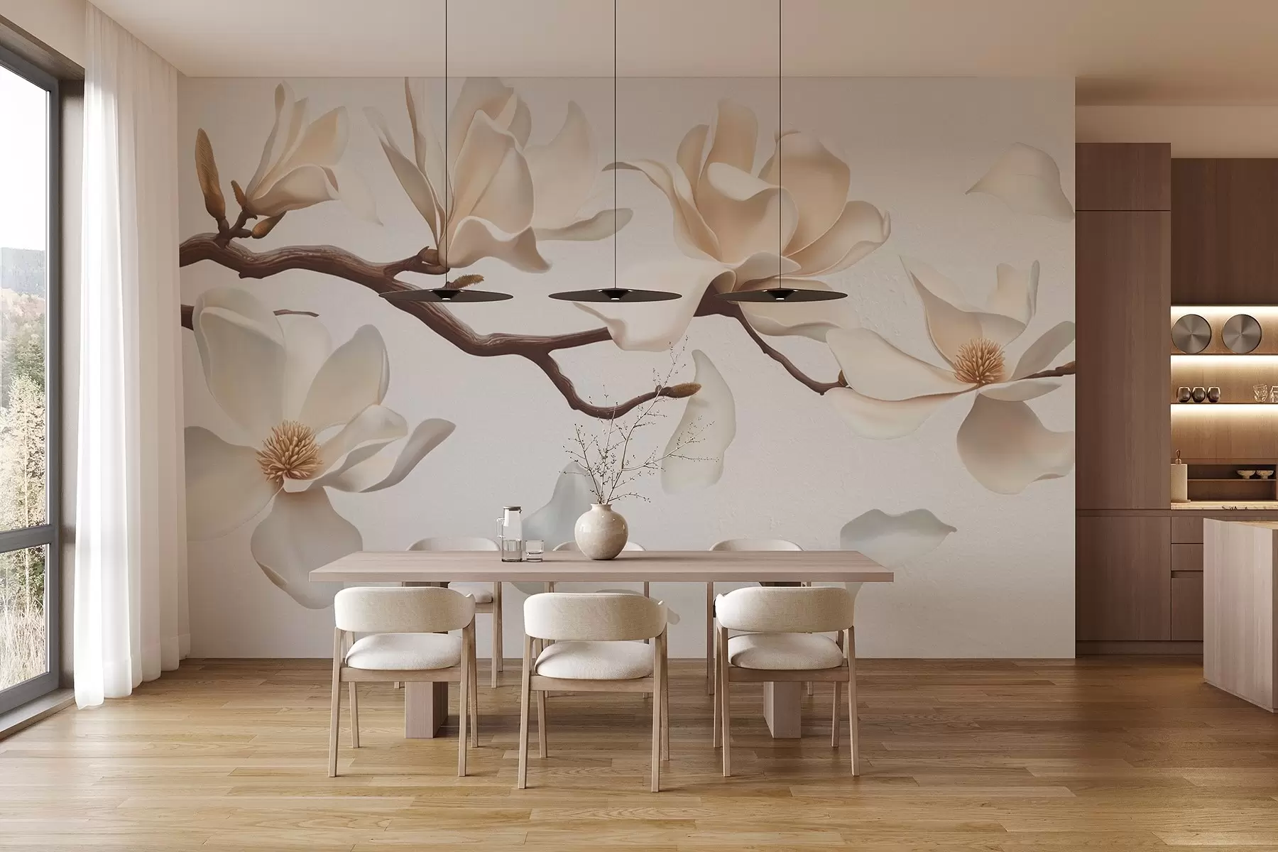 murales de pared Una rama de árbol con delicadas flores de magnolia y pétalos que caen w08706