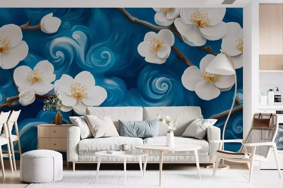 murales de pared Almendro en flor al estilo de Van Gogh, flores blancas contra un cielo azul nublado w08707