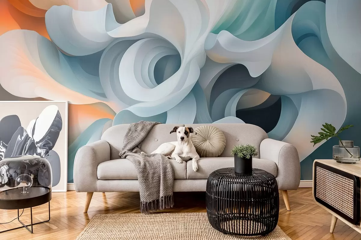 murales de pared Abstracción contrastada con un motivo retorcido en tonos naranja, verde y azul w08710