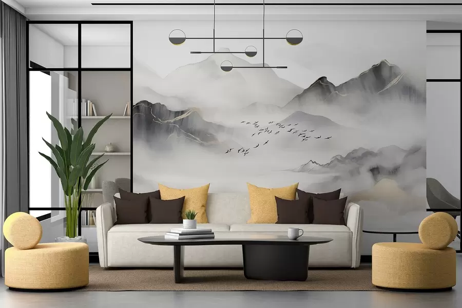 murales de pared Delicadas montañas en la niebla en estilo acuarela w08719