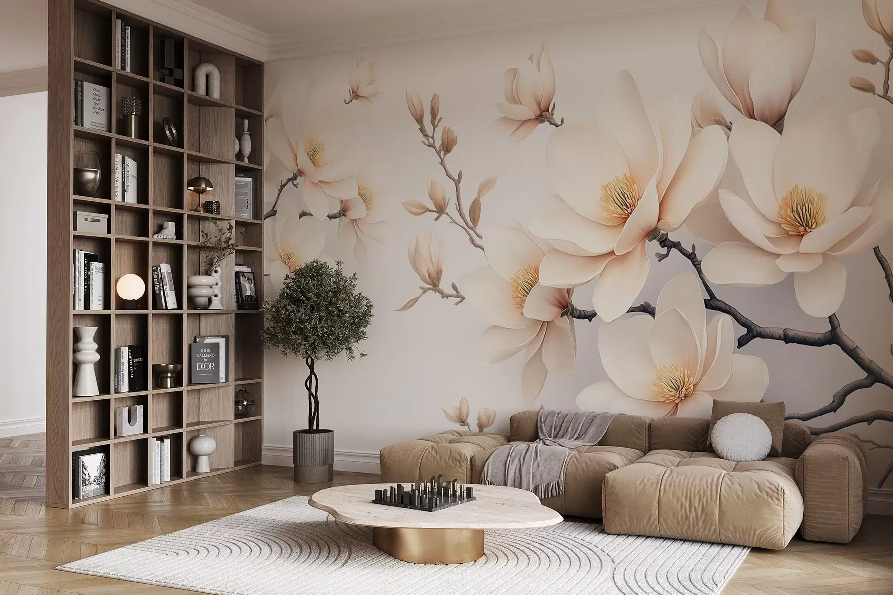 murales de pared Preciosas flores de magnolia de color crema sobre fondo blanco w08721