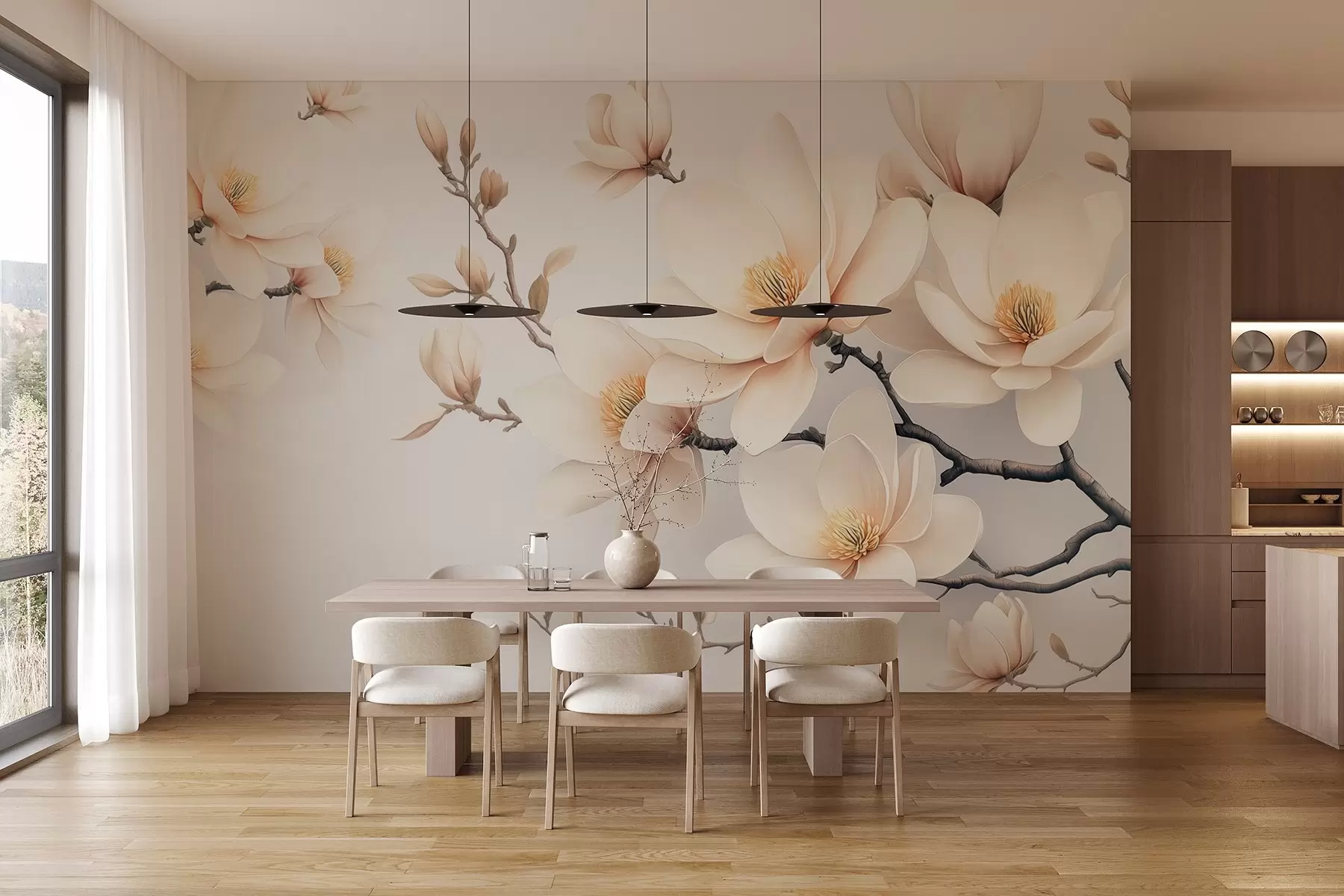 murales de pared Preciosas flores de magnolia de color crema sobre fondo blanco w08721