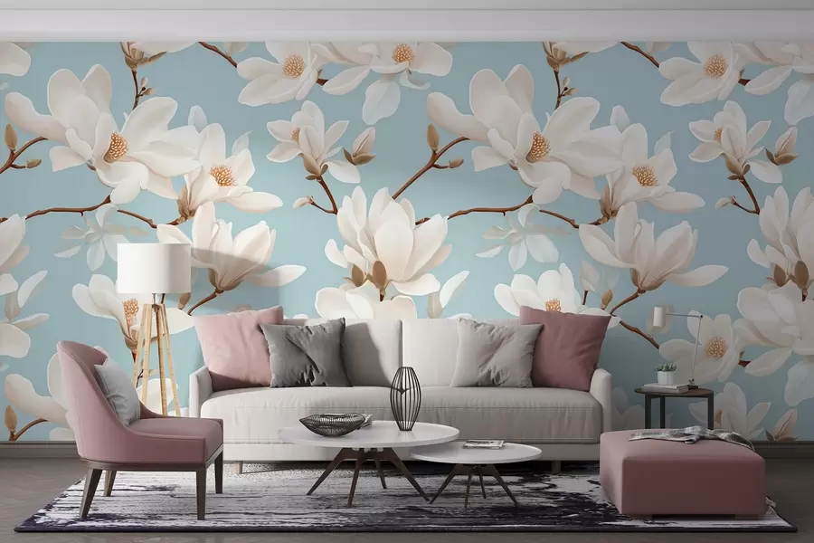 murales de pared Patrón de flores blancas de magnolia, fondo azul pastel, hojas y ramas blancas w08726