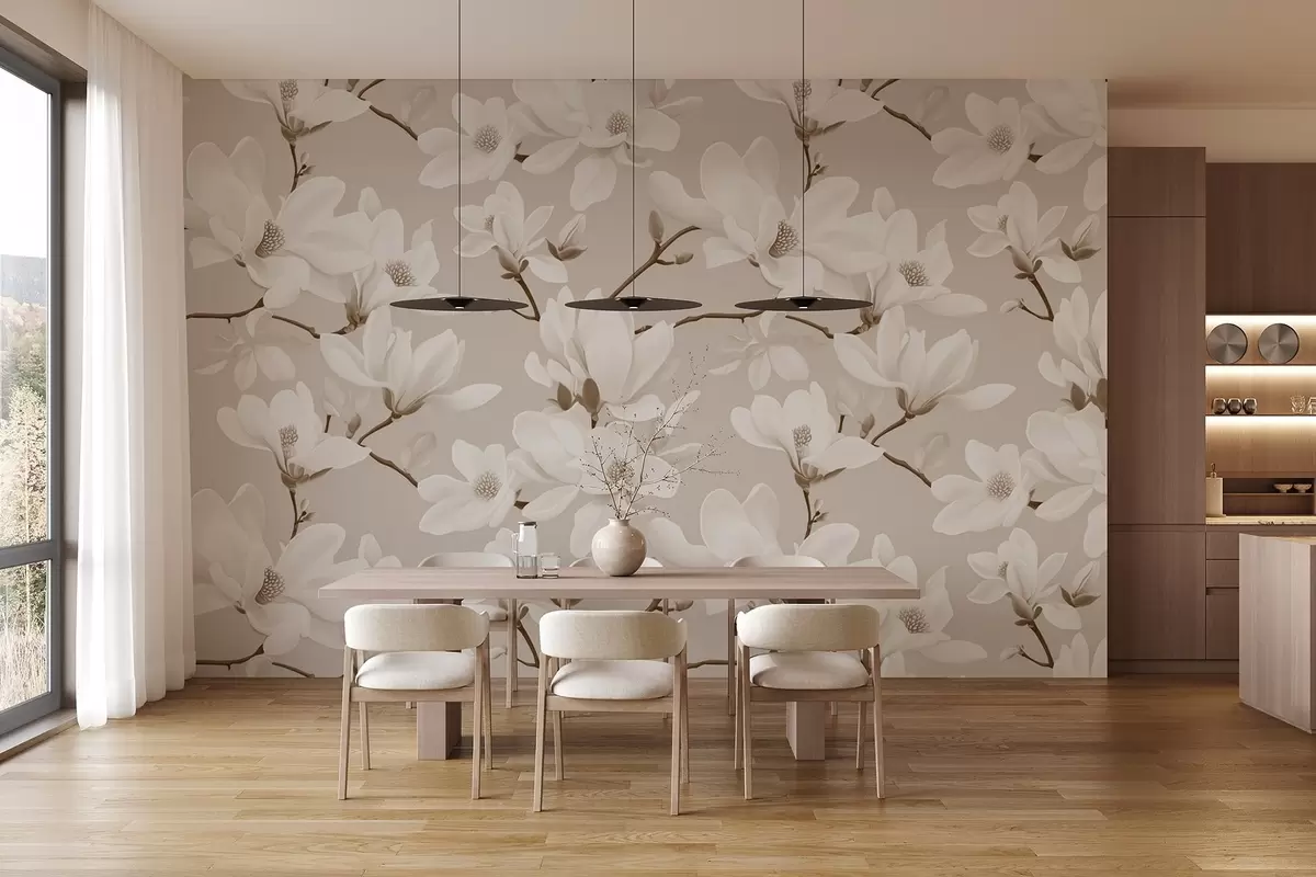 murales de pared Estampado de flores blancas de magnolia, en tonos beige, hojas y ramas blancas w08726v1