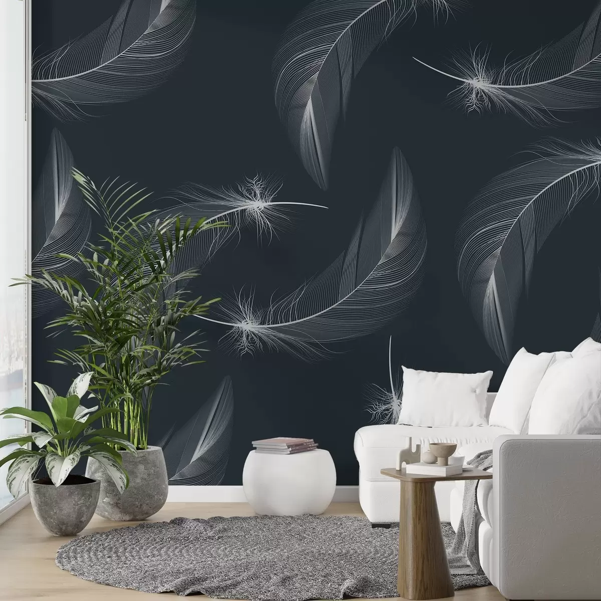 murales de pared Plumas sobre fondo azul, plumas blancas claras w03043