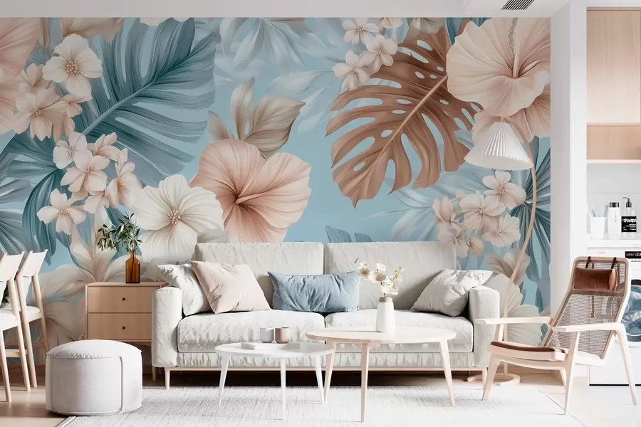 murales de pared estampado tropical con grandes hojas y flores en tonos azul pastel y beige w03013