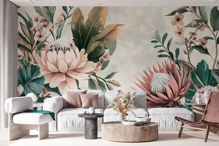 murales de pared plantas exóticas, hojas de palmera y flores de protea inspiradas en el vintage w03015