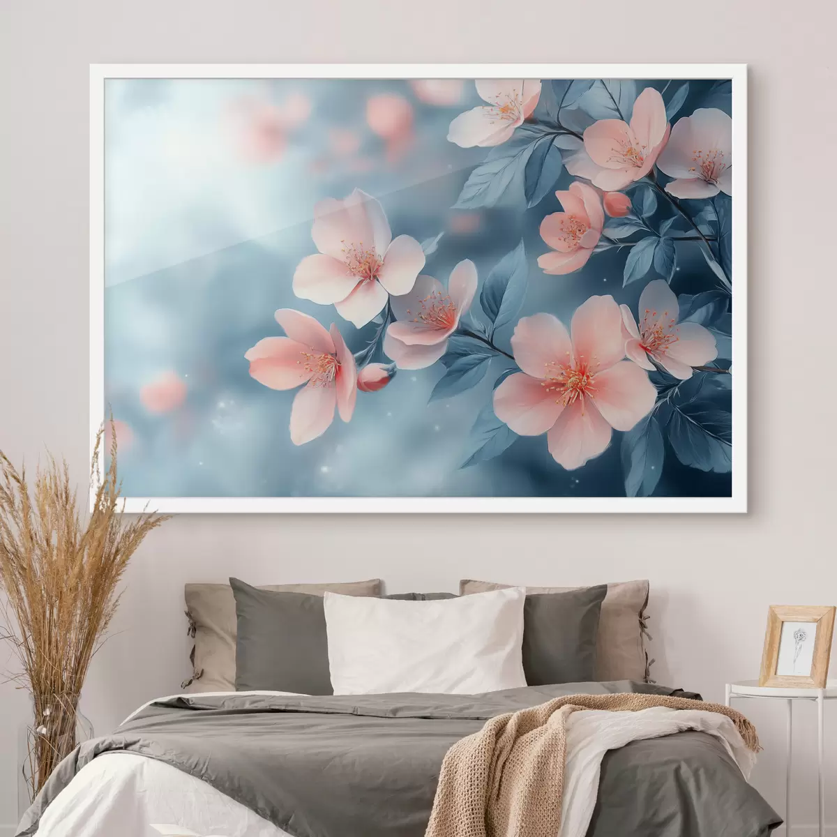 Poster Flores rosas sobre fondo azul f42846