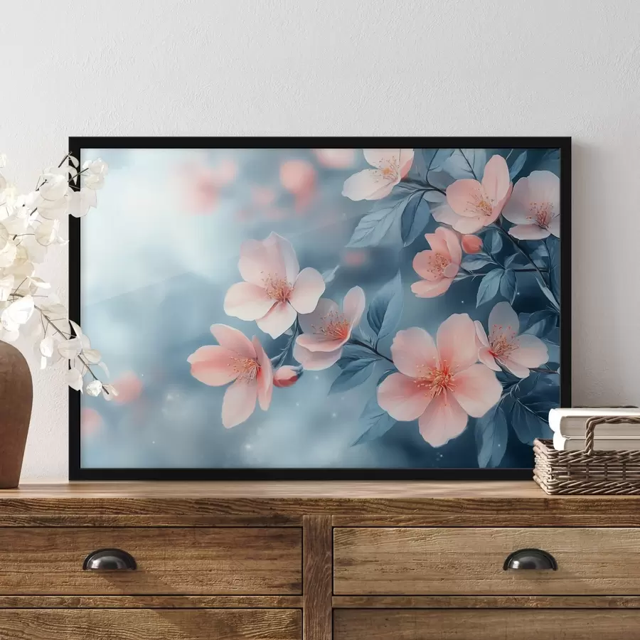 murales de pared Flores rosas sobre fondo azul f42846