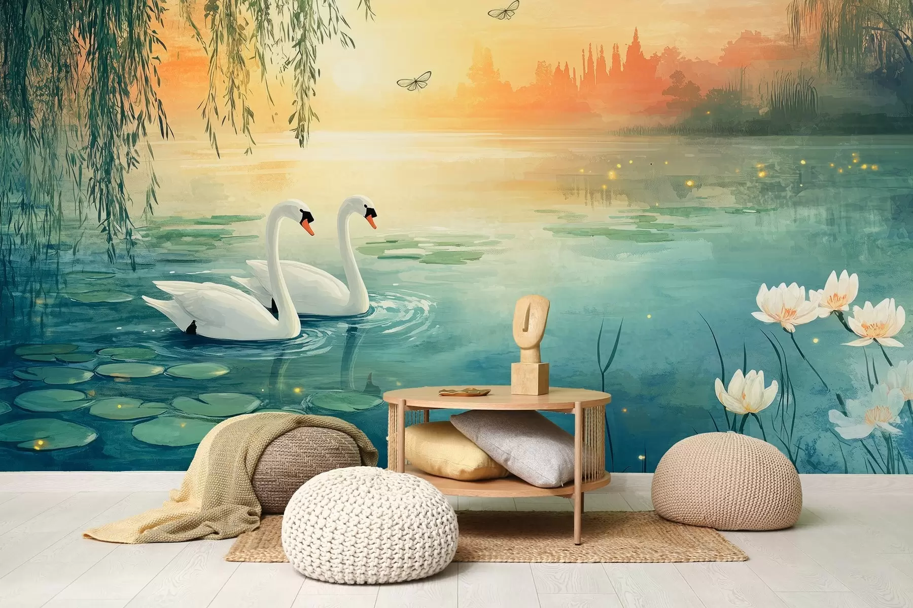 murales de pared Paisaje romántico al óleo con dos cisnes blancos en el lago w03017