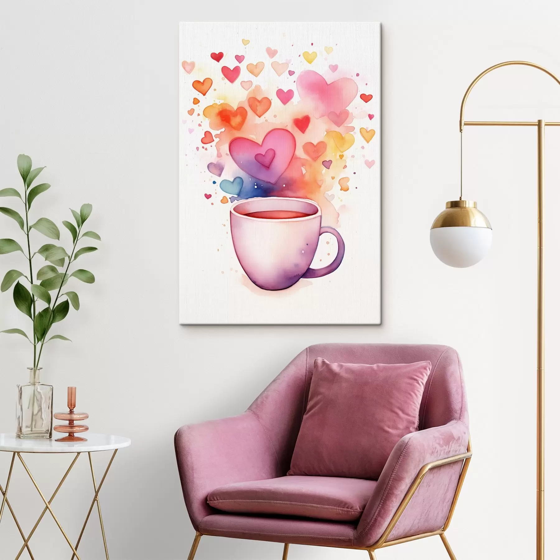 murales de pared Una taza sobre un fondo de corazones de acuarela s42869