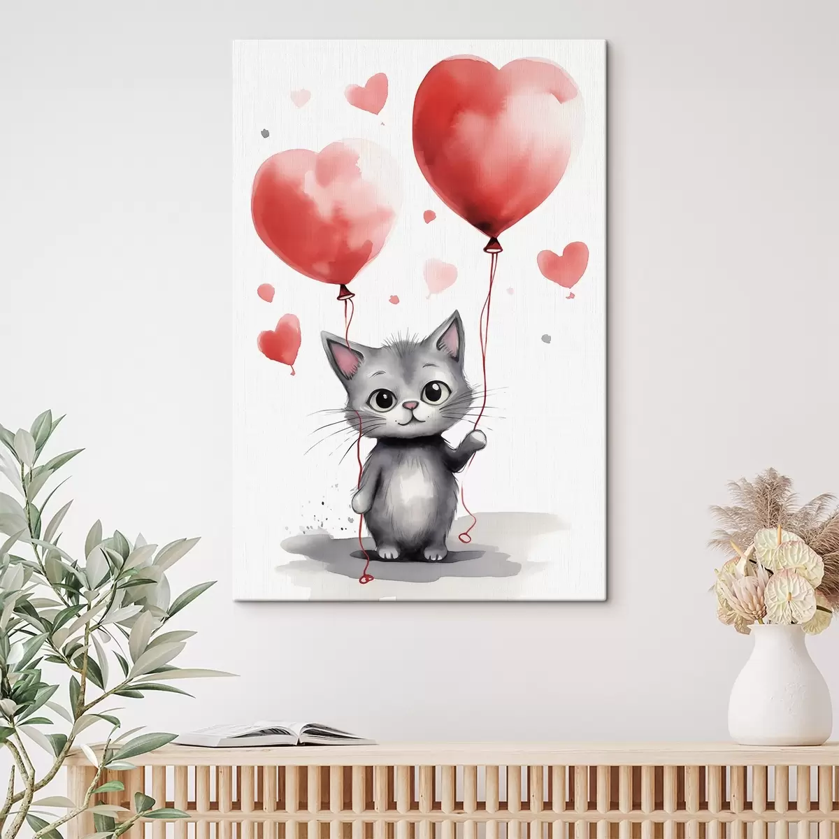 murales de pared Lindo gatito con globos en forma de corazón s42871