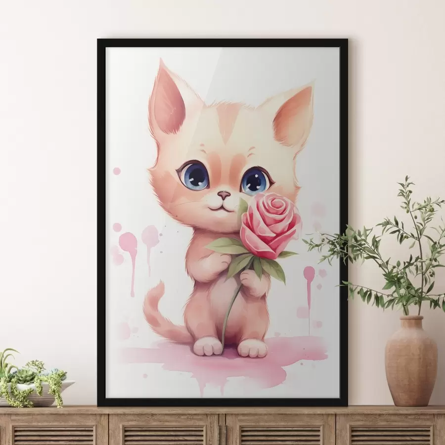 murales de pared Lindo gato con una rosa f42866