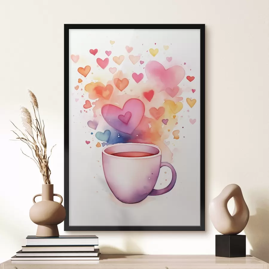 murales de pared Una taza sobre un fondo de corazones de acuarela f42869