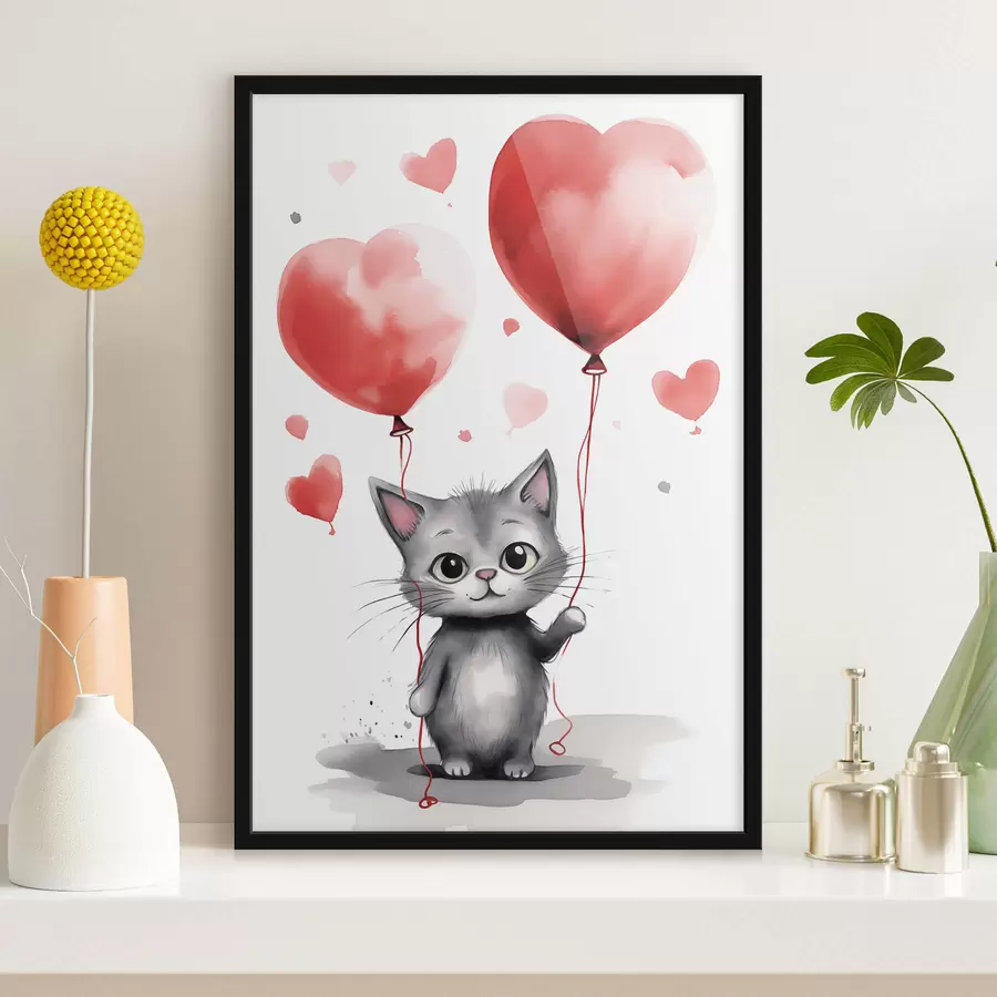 murales de pared Lindo gatito con globos en forma de corazón f42871