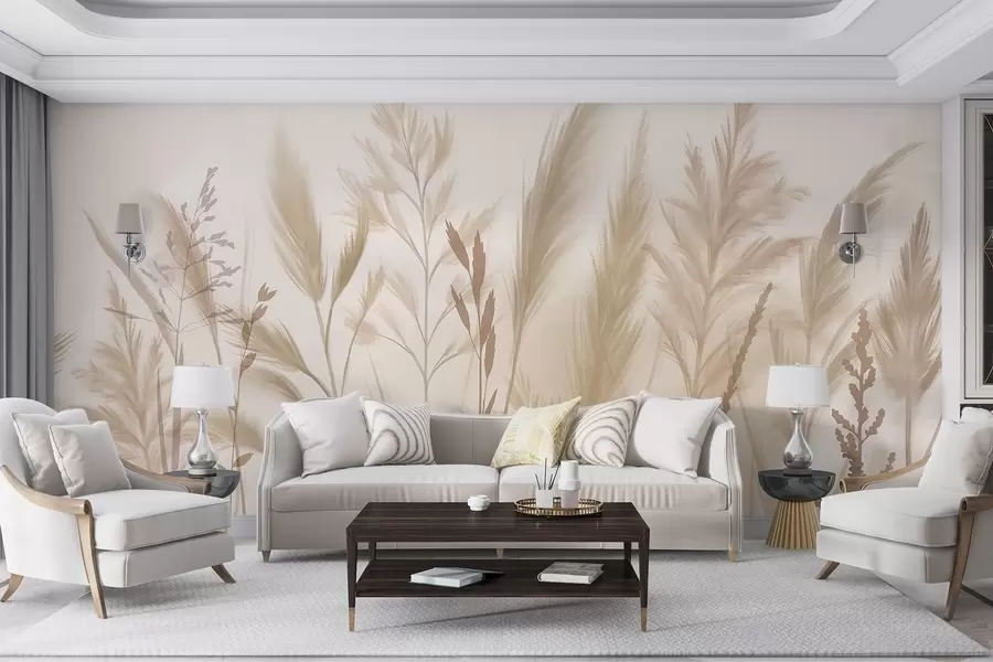 murales de pared Hierbas altas y delicadas, espiguillas y plantas en suaves tonos beige y crema, sobre un fondo ligeramente difuminado w08736