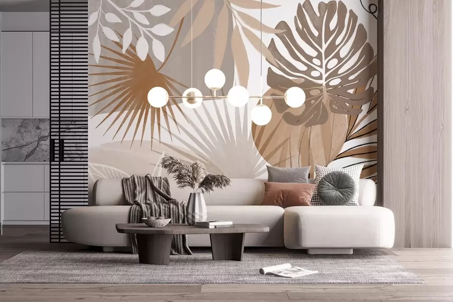 murales de pared Diseño abstracto con varias hojas tropicales en tonos tierra, marrón, beige y crema  w08738