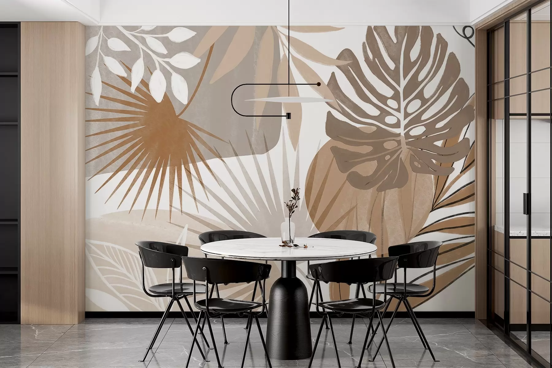 murales de pared Diseño abstracto con varias hojas tropicales en tonos tierra, marrón, beige y crema  w08738