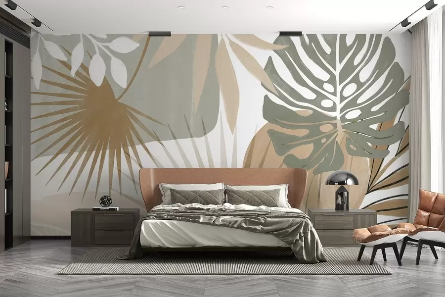 murales de pared Diseño abstracto con varias hojas tropicales en tonos tierra, verde, beige y crema  w08738v1