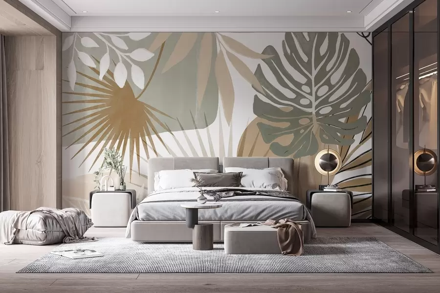 murales de pared Diseño abstracto con varias hojas tropicales en tonos tierra, verde, beige y crema  w08738v1