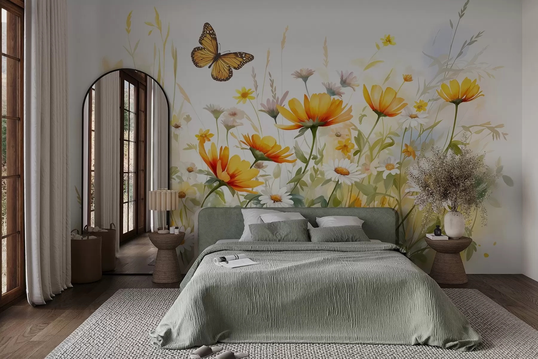 murales de pared Un vibrante campo de flores en forma de acuarela con flores naranjas y amarillas y una mariposa sobre las flores w08739