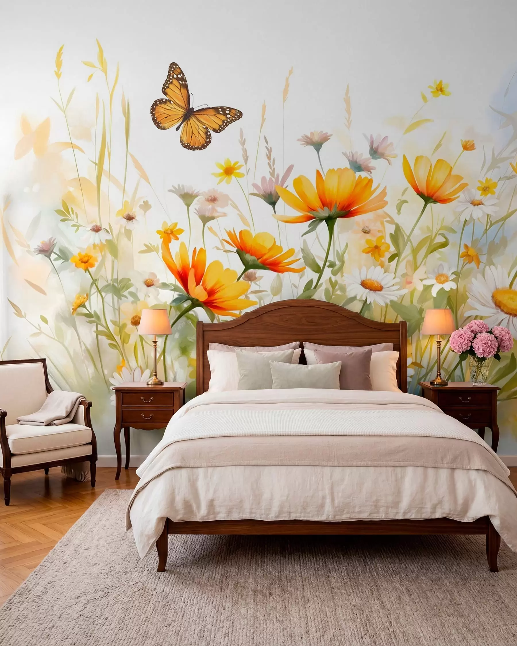murales de pared Un vibrante campo de flores en forma de acuarela con flores naranjas y amarillas y una mariposa sobre las flores w08739