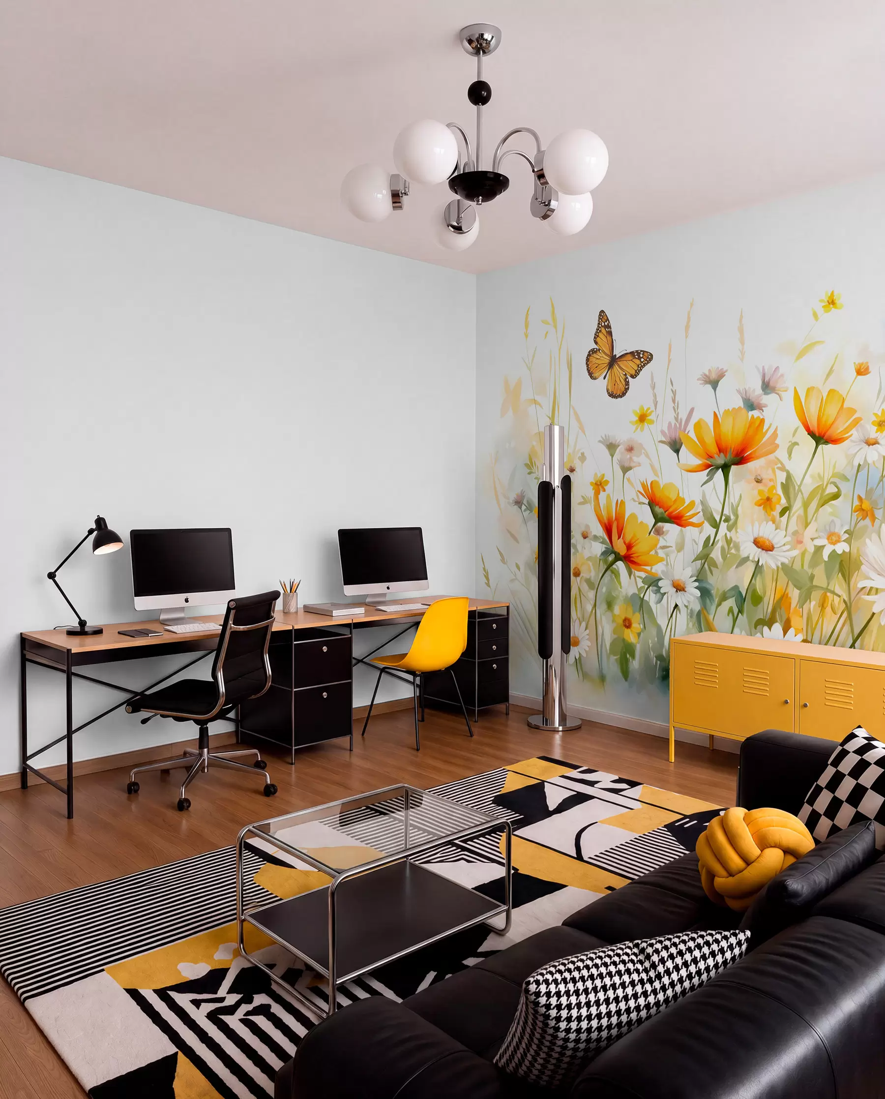 murales de pared Un vibrante campo de flores en forma de acuarela con flores naranjas y amarillas y una mariposa sobre las flores w08739