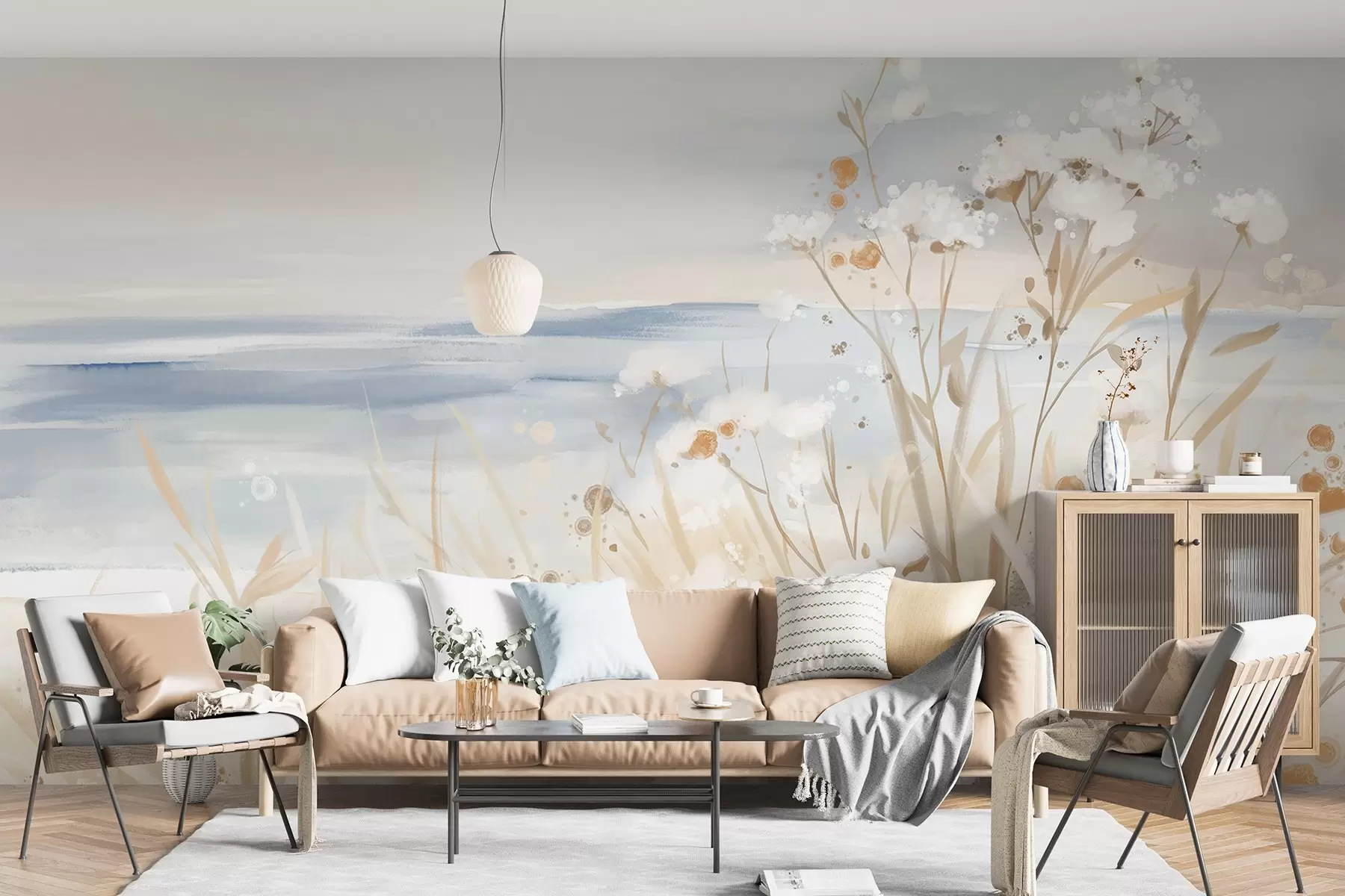 murales de pared Flores abstractas blancas con delicados tallos en una hierba, sobre un fondo suave y apagado de un mar y un cielo en calma  w08740