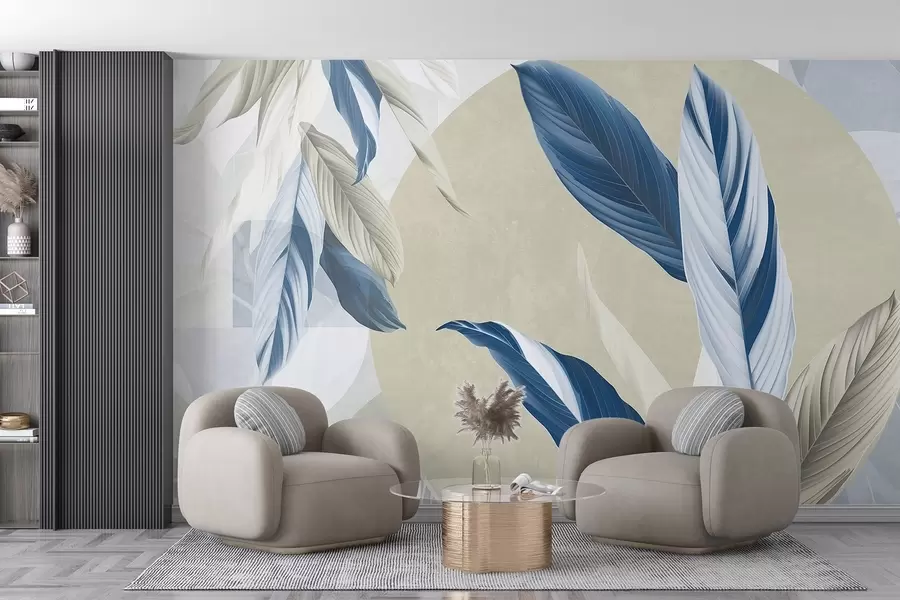murales de pared Composición geométrica texturada moderna y abstracta con hojas detalladas en tonos azul, beige y blanco w08741