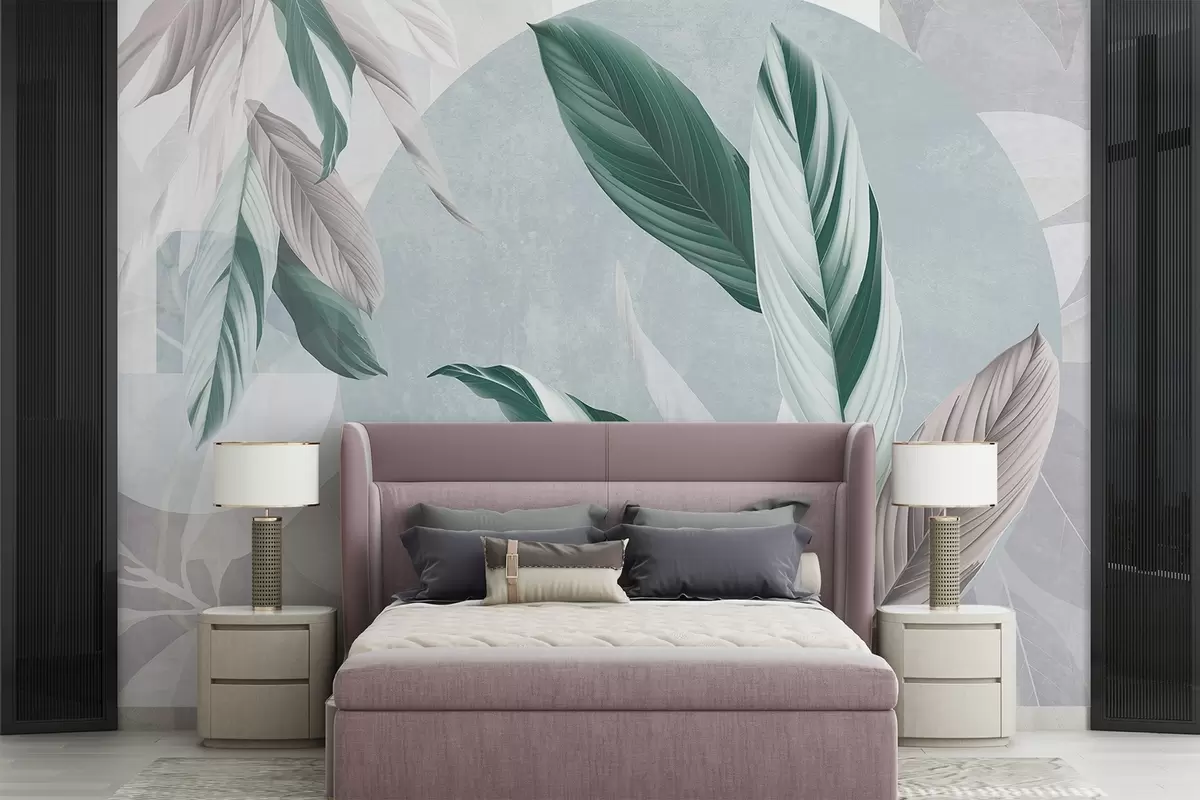 murales de pared Composición geométrica moderna y abstracta de textura con hojas detalladas en tonos verdes, morados claros y blancos w08741v1