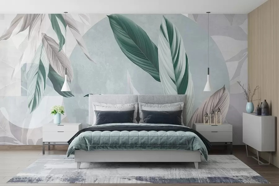 murales de pared Composición geométrica moderna y abstracta de textura con hojas detalladas en tonos verdes, morados claros y blancos w08741v1