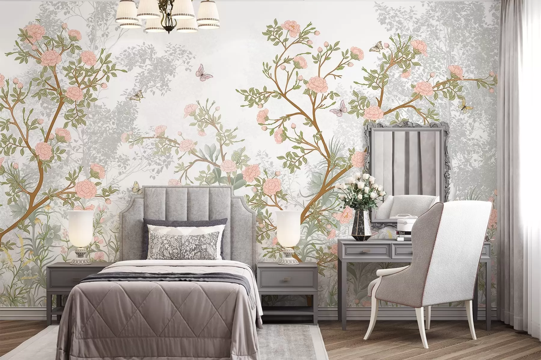 murales de pared Delicados árboles en flor de color rosa, mariposas voladoras y hojas verdes entrelazadas con esbeltas ramas  w08744