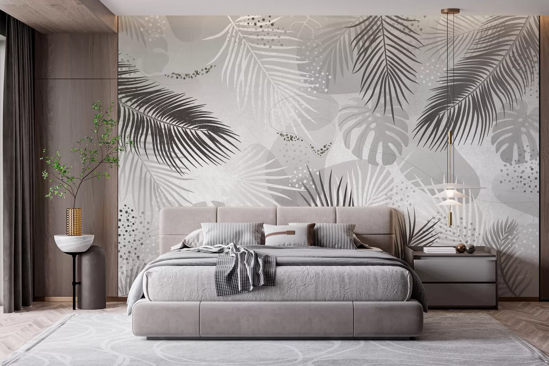 murales de pared Tendencia abstracta de hojas y líneas tropicales w03060v2