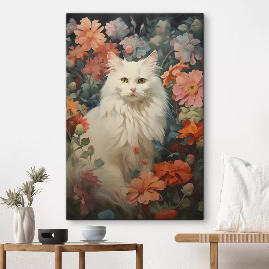 murales de pared Gato blanco en flores s42905