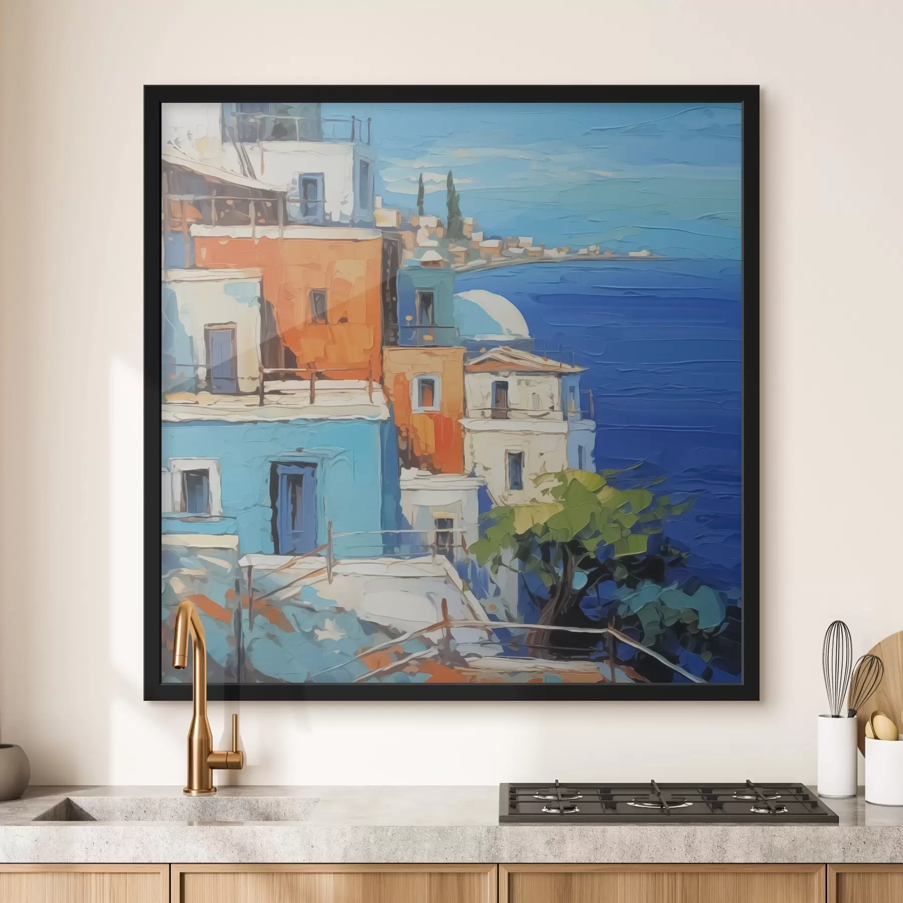 murales de pared Casas junto al mar imitación de trazos de pintura f42899