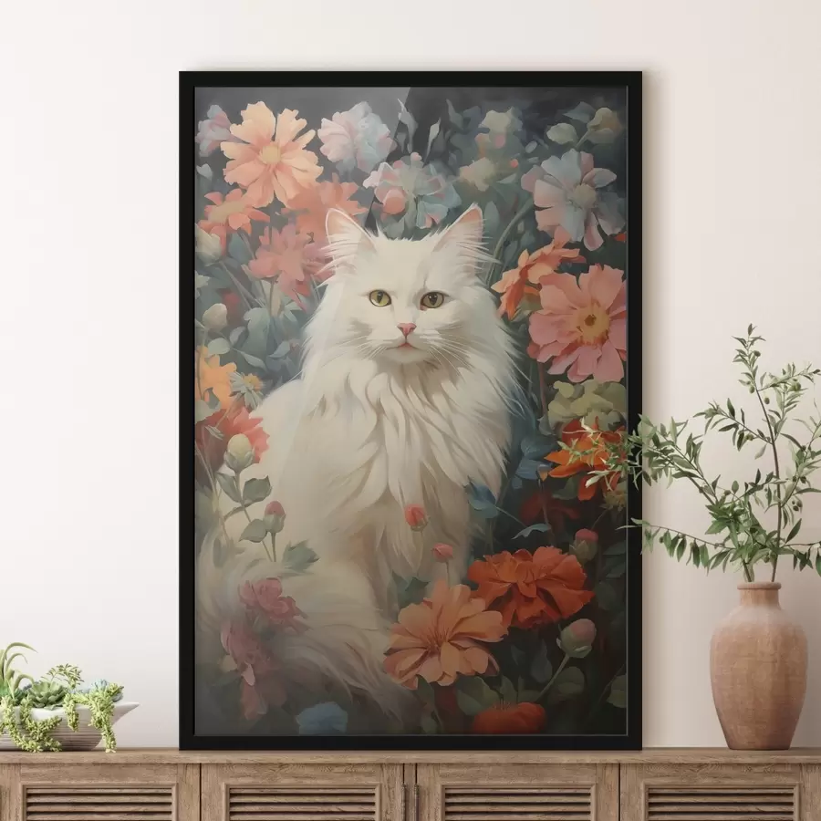 murales de pared Gato blanco en flores f42905