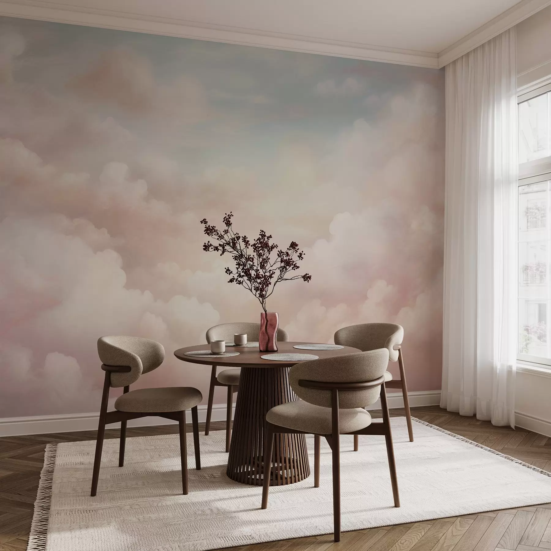 murales de pared Suaves nubes pastel en tonos rosa, crema y azul w03047