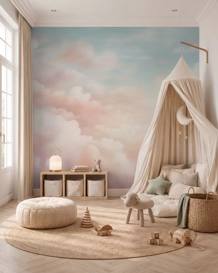 murales de pared Suaves nubes pastel en tonos rosa, crema y azul w03047
