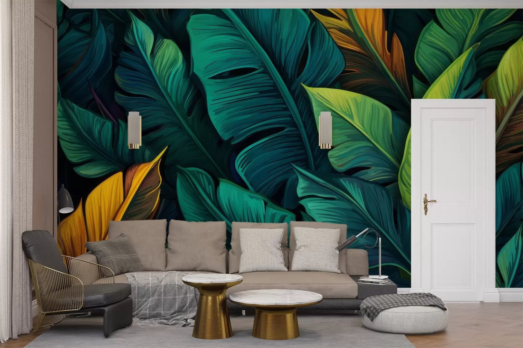 murales de pared Hojas tropicales vibrantes con tonalidades verde intenso, azuladas y anaranjadas w03078