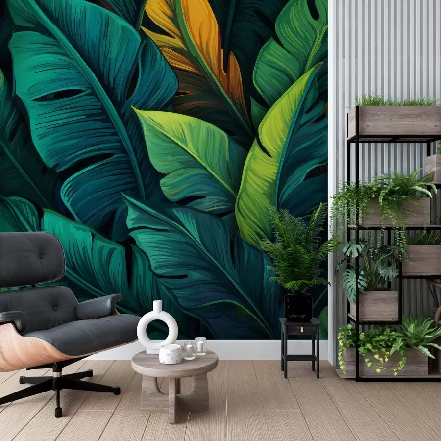 murales de pared Hojas tropicales vibrantes con tonalidades verde intenso, azuladas y anaranjadas w03078