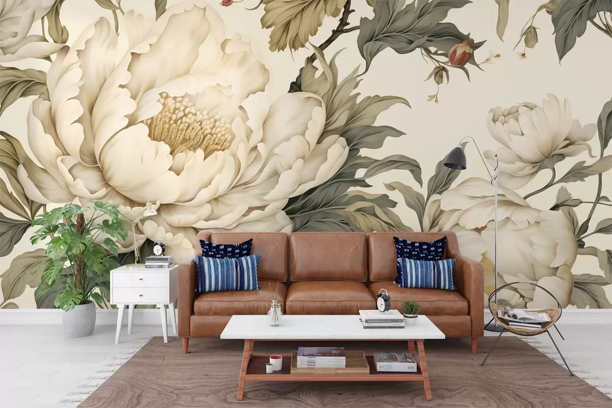 murales de pared Elegantes peonías en tonos crema y beige, w03082