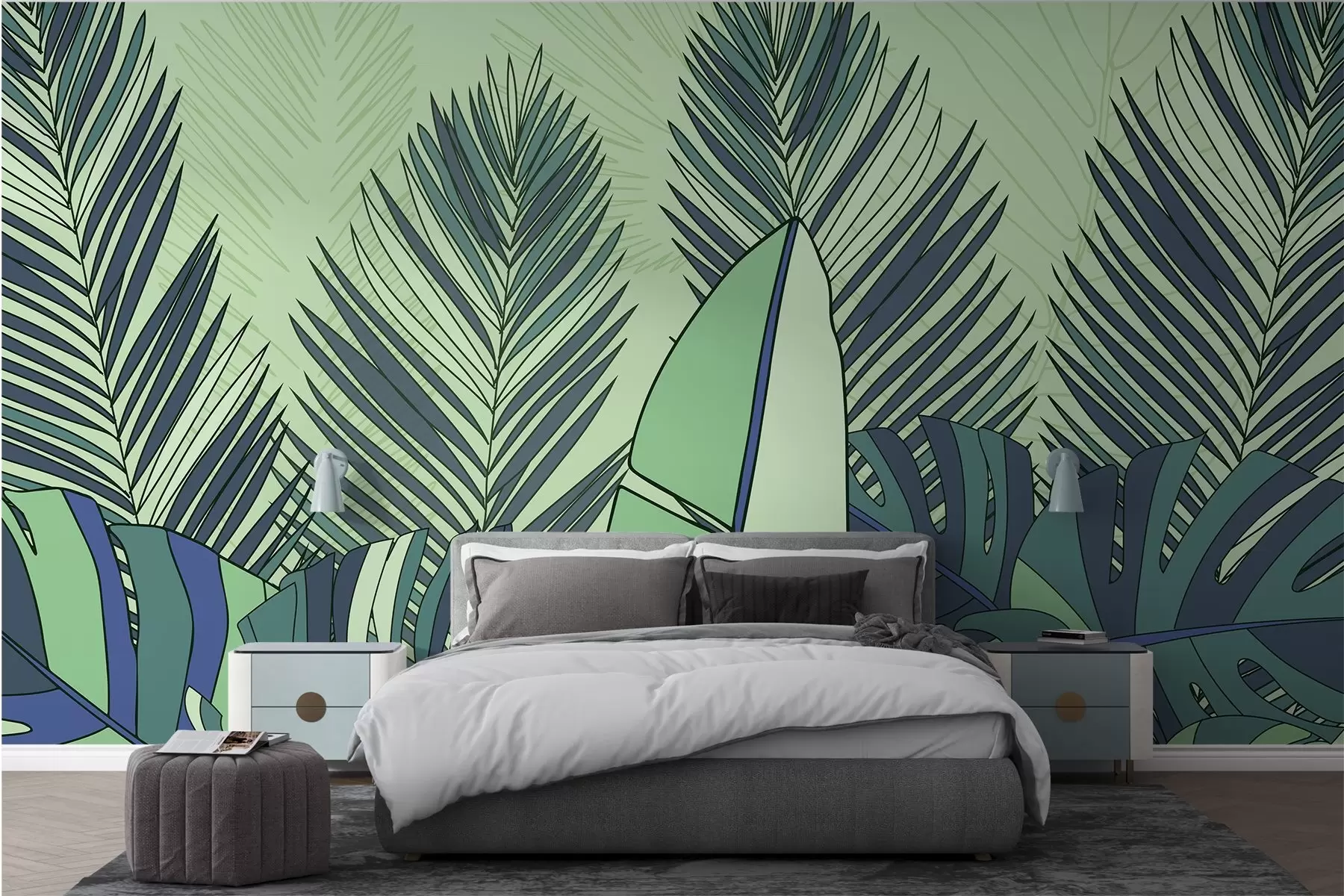 murales de pared Ilustración tropical con grandes hojas de plátano y hojas de palmera en tonos verdes w03085