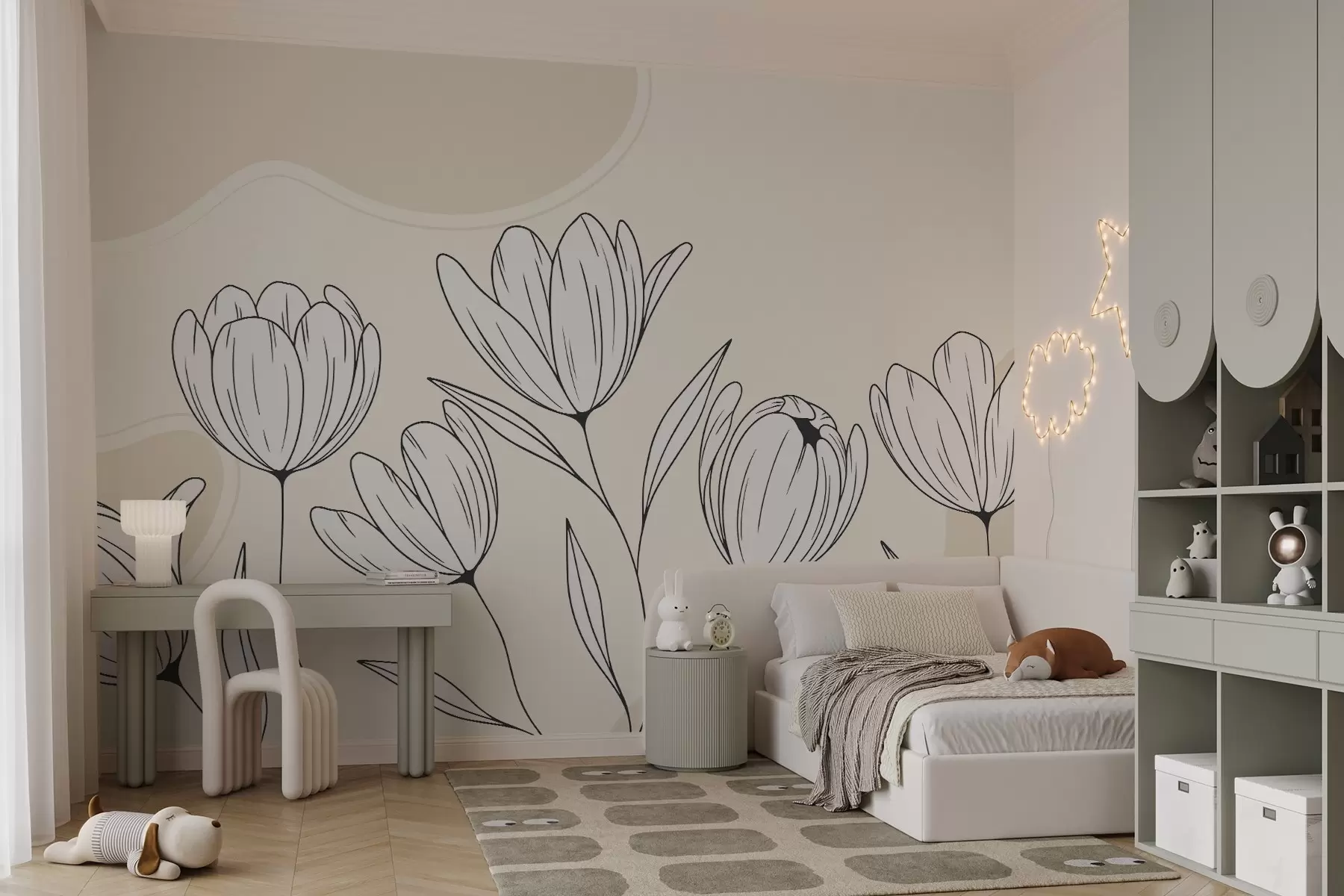 murales de pared Ilustración minimalista de tulipanes en estilo blanco y negro sobre fondo claro con suaves tonos beige, w03086