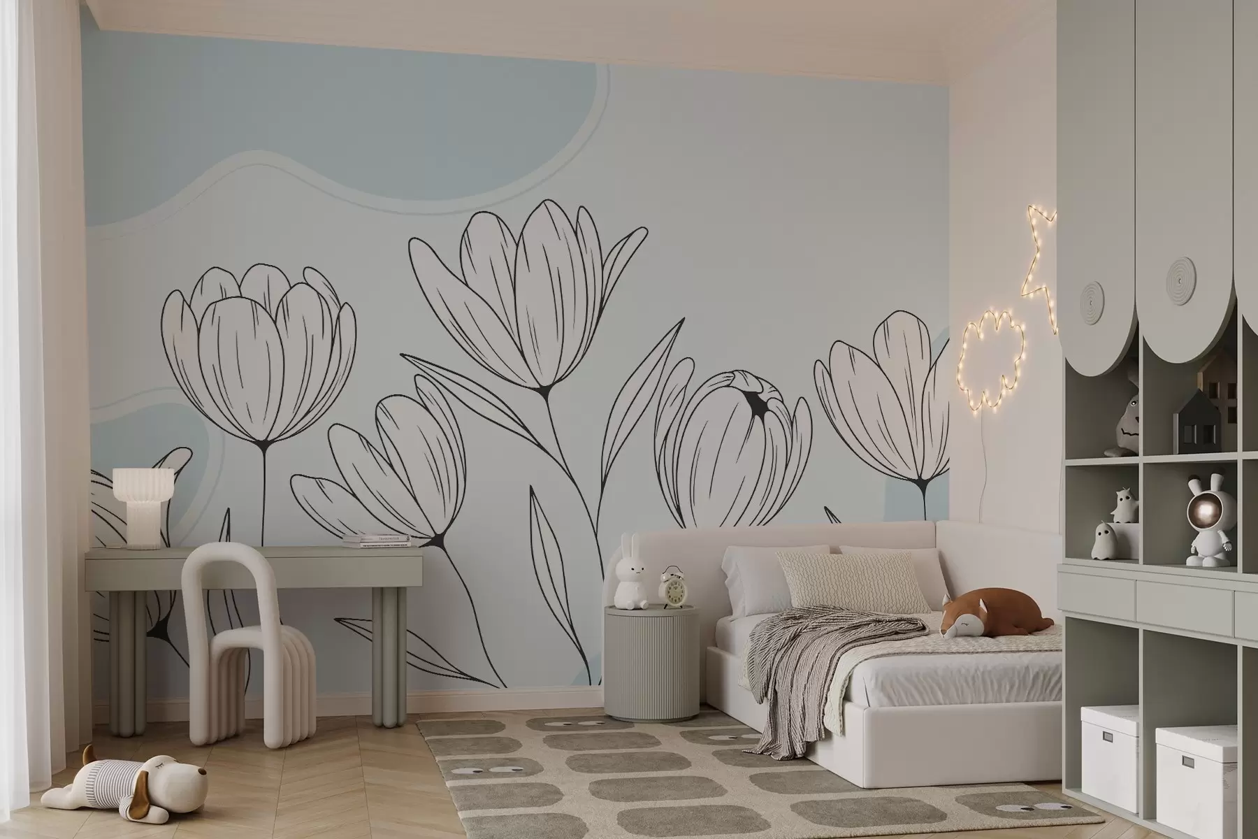 murales de pared Ilustración minimalista de tulipanes en blanco y negro sobre fondo claro con suaves toques azules w03086v1