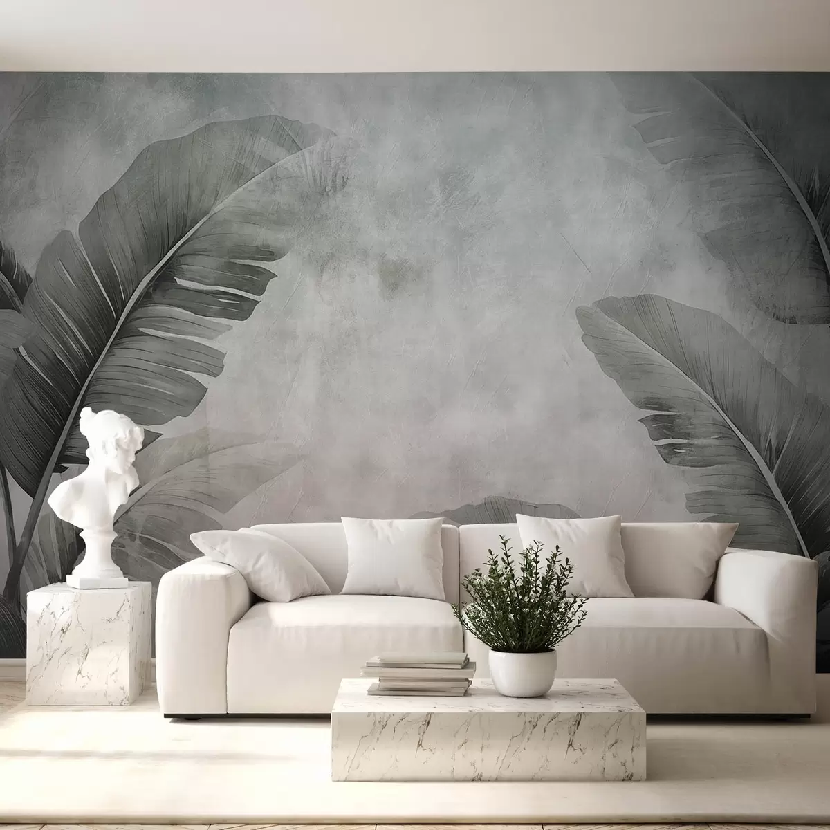 murales de pared Grandes hojas de plátano en una pared envejecida w08758