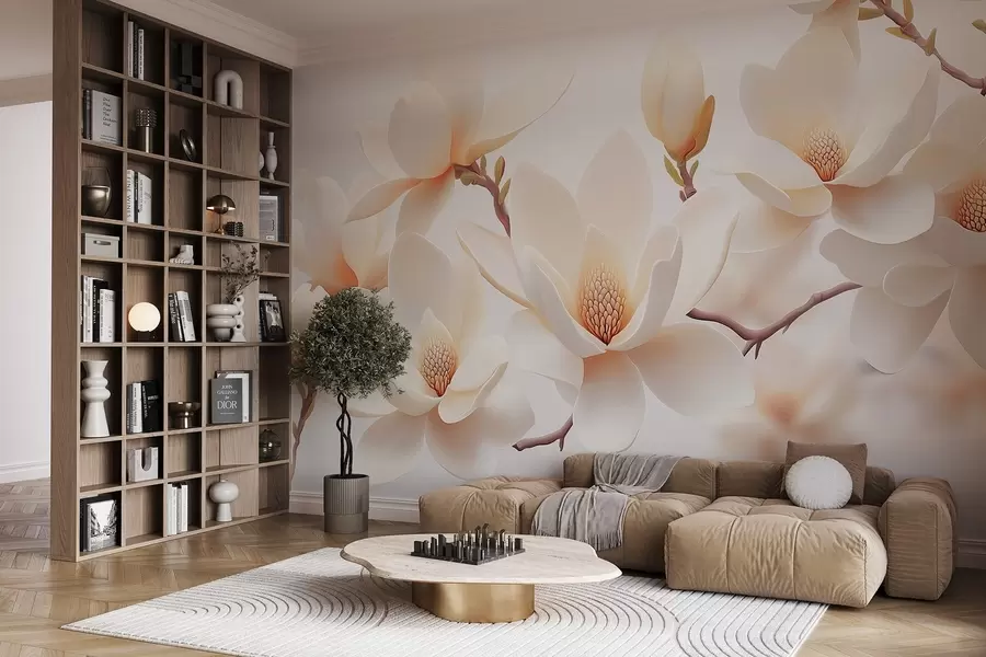 murales de pared Flores de magnolia de color crema sobre fondo blanco w08745
