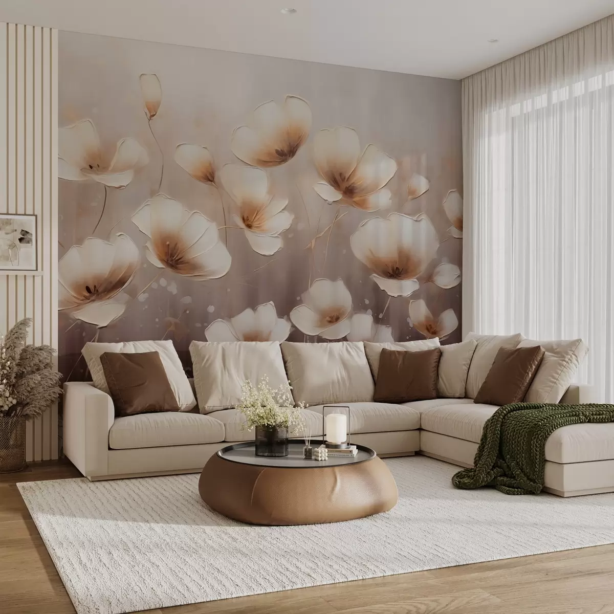 murales de pared Flores elegantes con pétalos delicados y suaves en tonos beige-rojo w08746v2