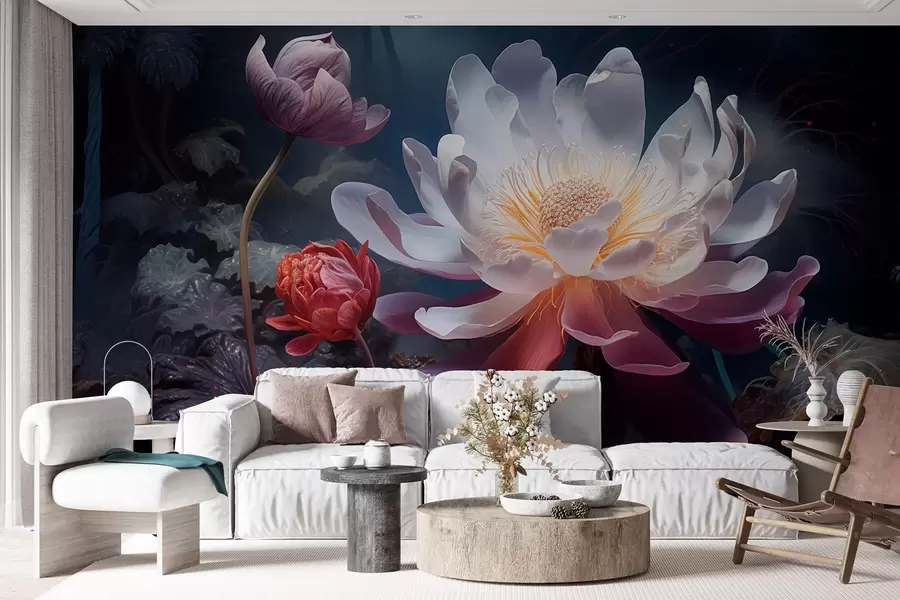 murales de pared Fantásticas flores floreciendo en una atmósfera oscura de cuento de hadas w08747